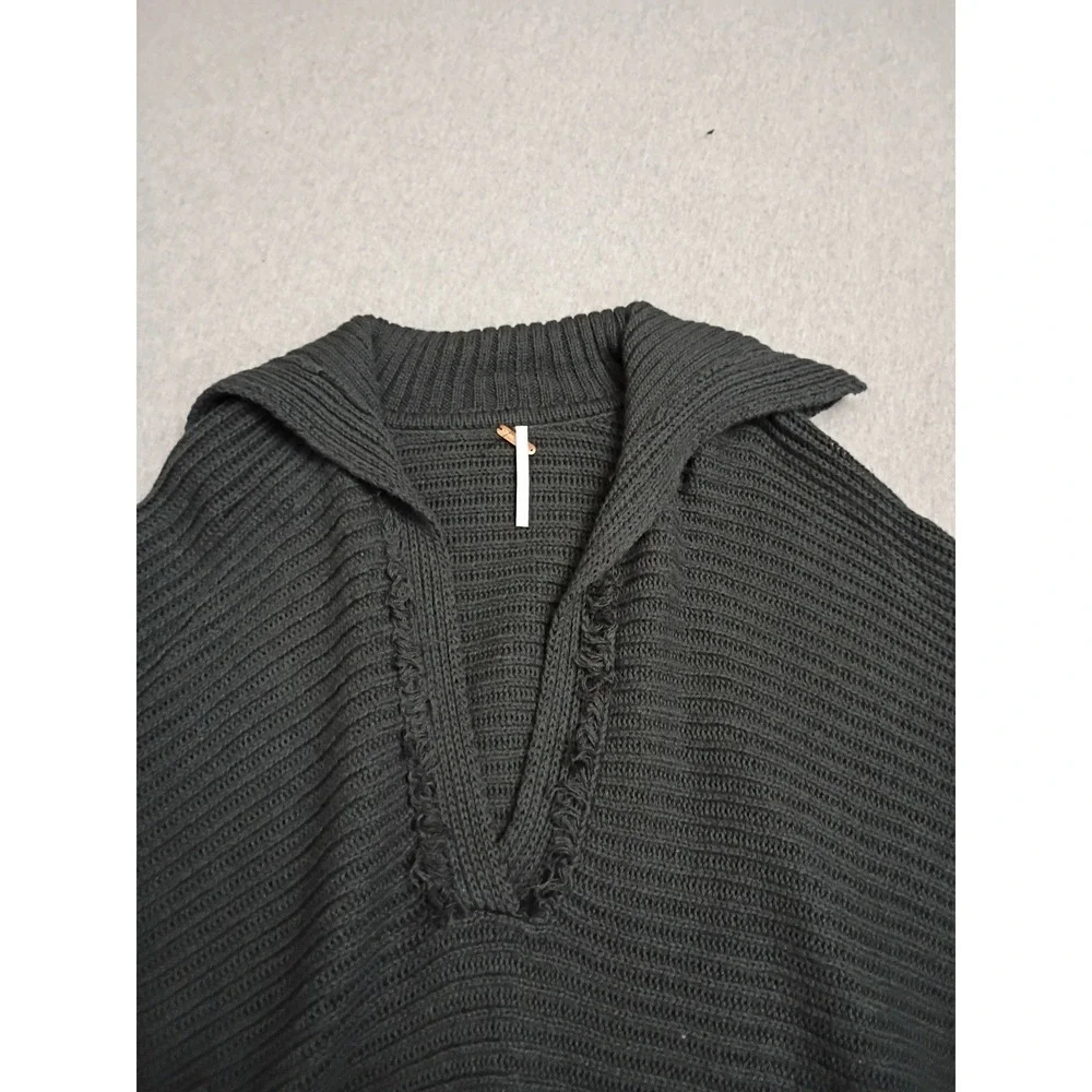 Free People Marlie Deep V Fringe Hooded Pullover Sweater Grey Black OB1332205 S